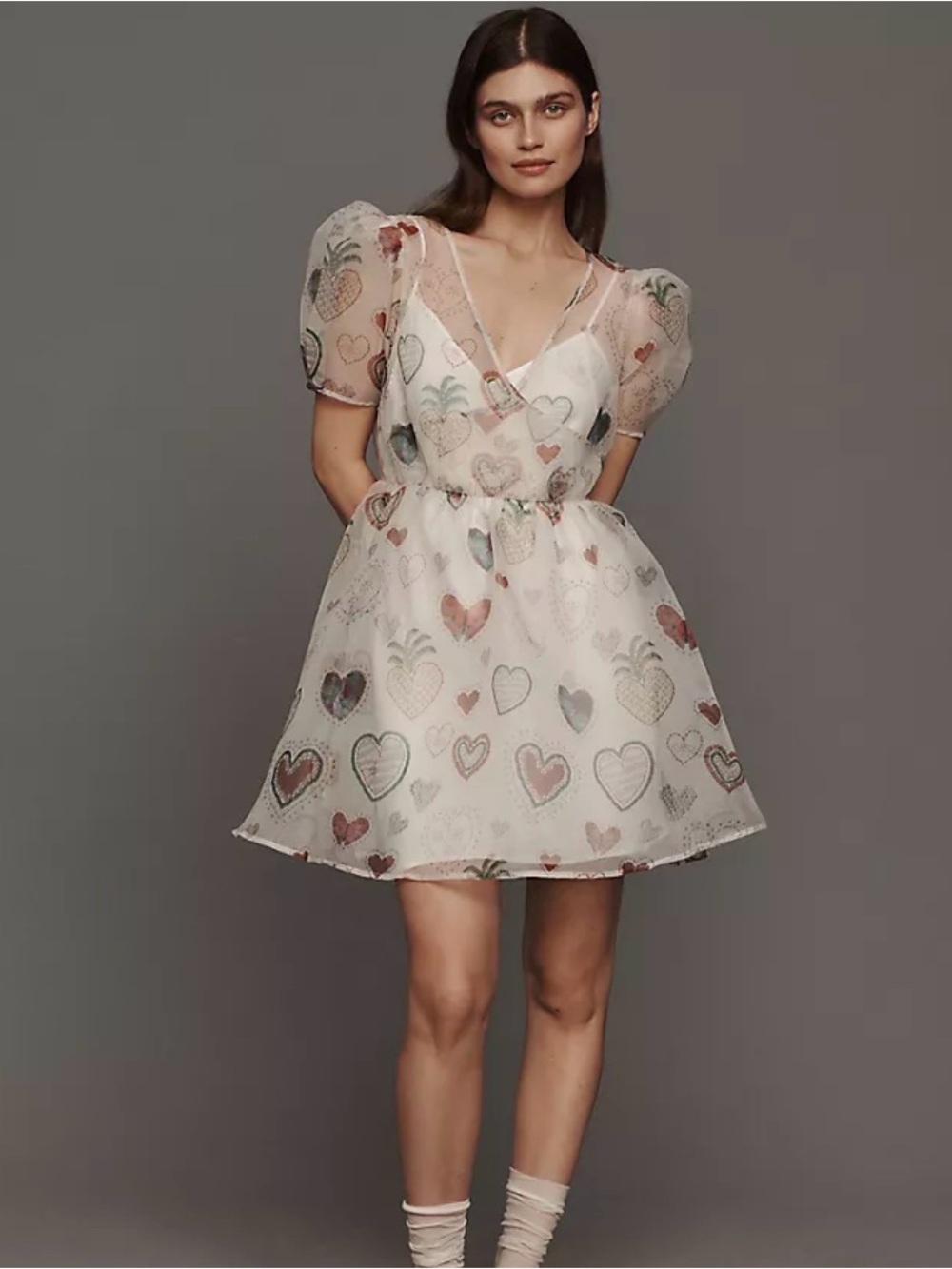 Farm Rio x Anthropologie Sheer Puff-Sleeve Heart Print Mini Dress Cream Sz M